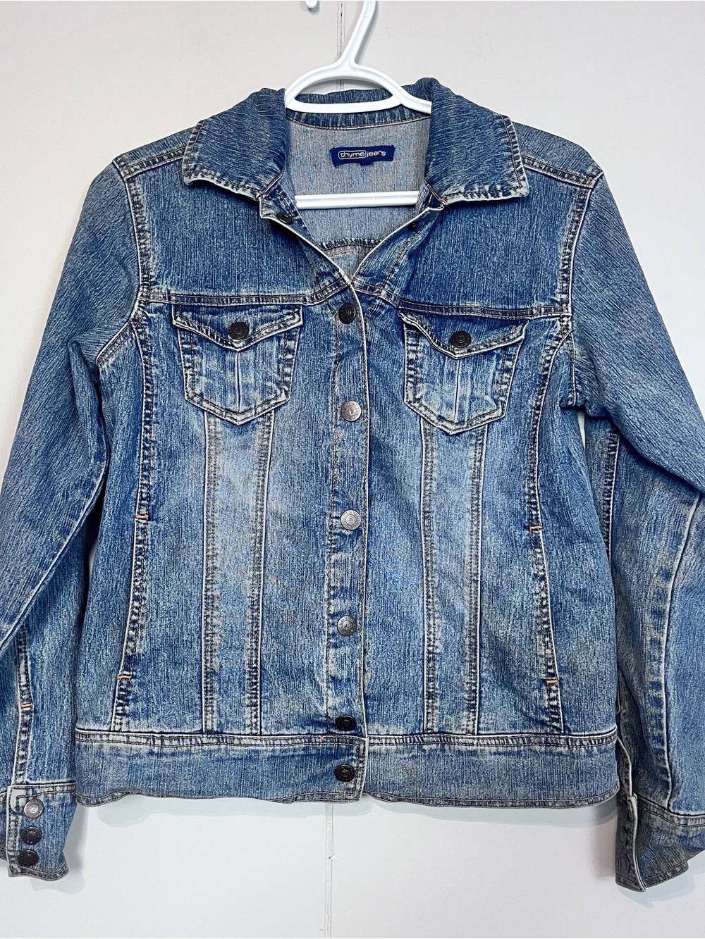 Thyme Jeans Women’s Blue Denim Jacket Size Small Snap Front Stretch